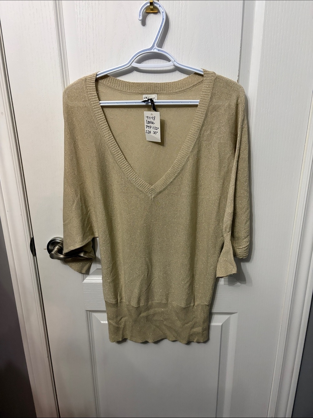 Dynamite Sparkle V-Neck Sweater in Light Tan